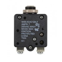 W58XC4C12A-7 CIRCUIT BREAKER/7 AMP, AC: 250V DC: 50V, 250 VAC, panel mount, 1 pole, push button actuator, white, screw termination. Height: 34.93 mm Length: 34.93 mm Width: 16.76 mm.  5-1393249-0