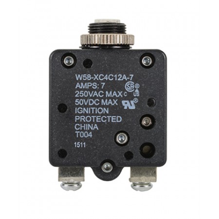 W58XC4C12A-7 CIRCUIT BREAKER/7 AMP, AC: 250V DC: 50V, 250 VAC, panel mount, 1 pole, push button actuator, white, screw termination. Height: 34.93 mm Length: 34.93 mm Width: 16.76 mm.  5-1393249-0