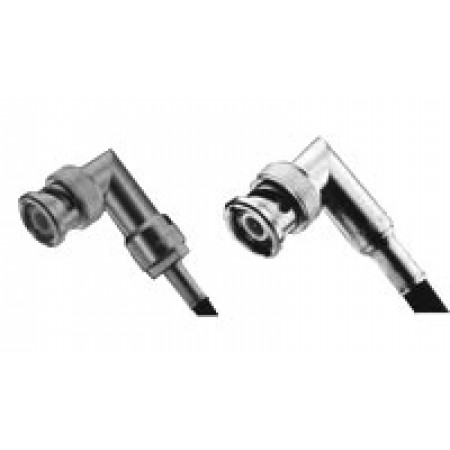 BNC CONNECTOR/Male, plug, 50 Ohms, 4 GHz, crimp, right angle, nickel. For use with RG-59, RG-59A, RG-59B, RG-62, RG-62A, RG-62B.  