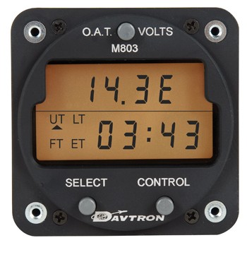 CHRONOMETER/Digital Clock with 5V lighting. O.A.T. (outside air temperature) Fahrenheit and Celsius. Displays Universal time, Local time, Elapsed time and Flight time, gray buttons. M803B-2\5V-BATT