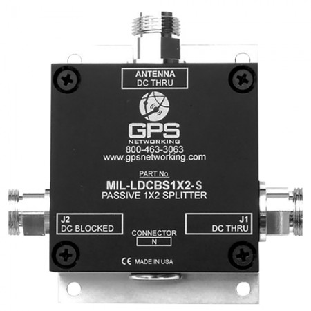 RUGGEDIZED MIL-SPEC NETWORKED GPS SPLITTER; 2 Outputs, Passive, EMI Shielding, Hermetically Sealed, Weatherproofed, Power Military DC with Surge Suppression, SMA Connector, 5V output. MIL-NLDCBS1X2-S/5/MC