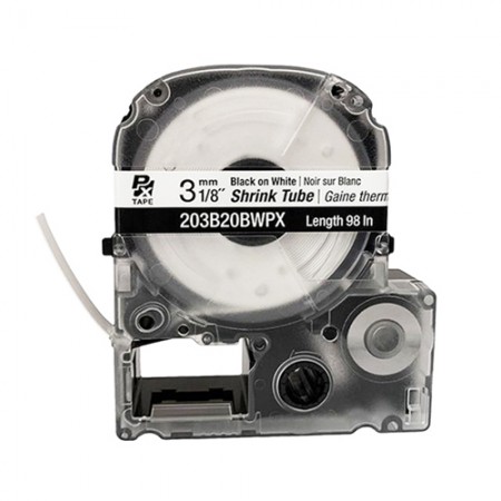 EPSON LABEL WORKS PX SHRINK TUBE/Black on white,  3MM 1/8 X 98, 14-22 AWG 203B20BWPX