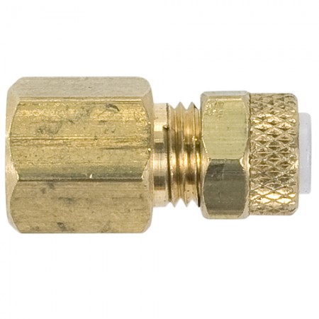 FEMALE CONNECTOR/BRASS/ Tube to Female Pipe Thread, 1/4 inch tube inside diameter, 1/8 inch pipe thread.  266P04X02