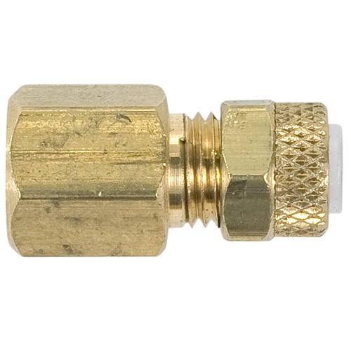 Female Connector/Brass/ Tube to Female Pipe Thread, 1/8 inch tube inside diameter, 1/8 inch pipe thread. 266PX02X02