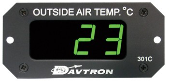 O.a.t. (outside Air Temperature) Gauge/Celsius. With green LED display. 14V - 28V input. Temperature range: -40 degrees to 100 degrees Celsius. 301C-GRN