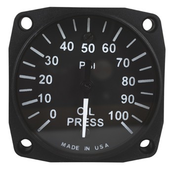 Oil Pressure Indicator/Electronic, 0-100 PSI, 2 1/4, black and white dial with wire leads. 4-260-100A