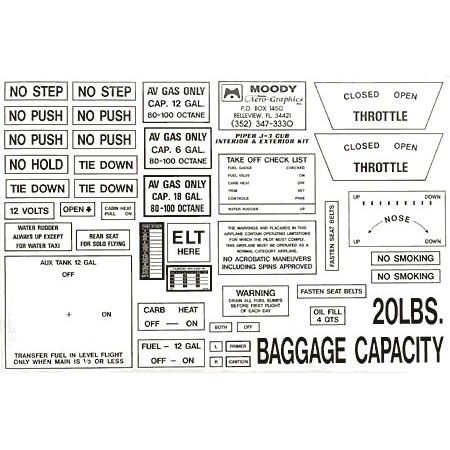 Interior Placard Kit Piper, J3 Cub Mdy PIK-001 Interior Placard Kit Piper, J3 Cub Mdy PIK-001