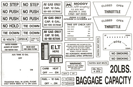 Interior Placard Kit Piper, J3 Cub Mdy PIK-001