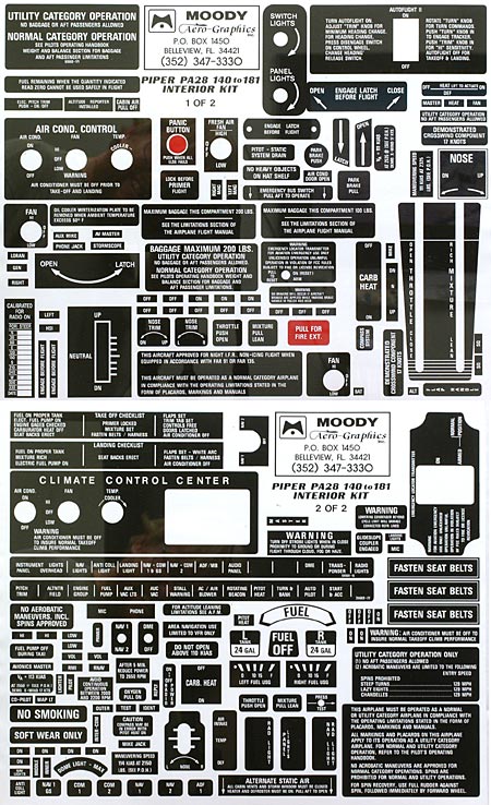 Interior Placard Kit Piper, PA28-140, -180 Mdy PIK-005
