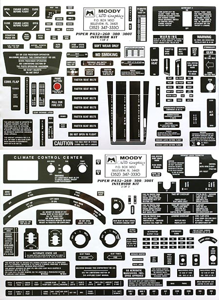 Interior Placard Kit Piper, PA32-260, -300, -300T Mdy PIK-009