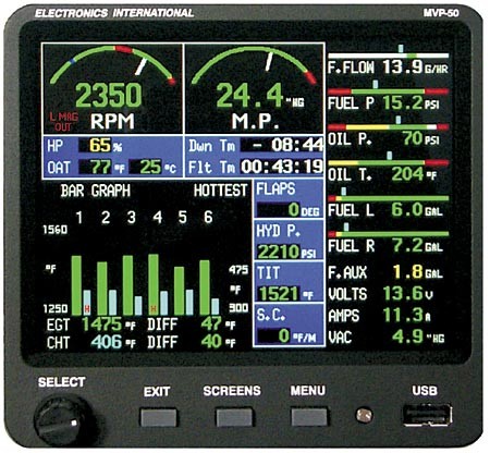 Electronics International MVP-50 Glass Panel Engine Monitor for 4 cylinder, Experimental EI MVP-50-4