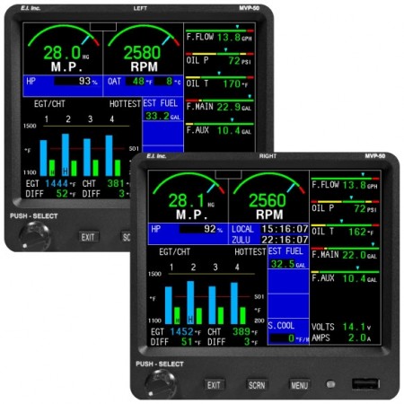 Electronics International MVP-50 Glass Panel Twin Engine Monitors for 4 cylinder, TSO EI MVP-50P-4T-C
