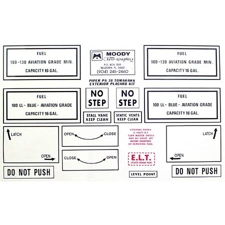 Exterior Placard Kit Piper, PA38 Tomahawk Mdy PEK-001 Exterior Placard Kit Piper, PA38 Tomahawk Mdy PEK-001