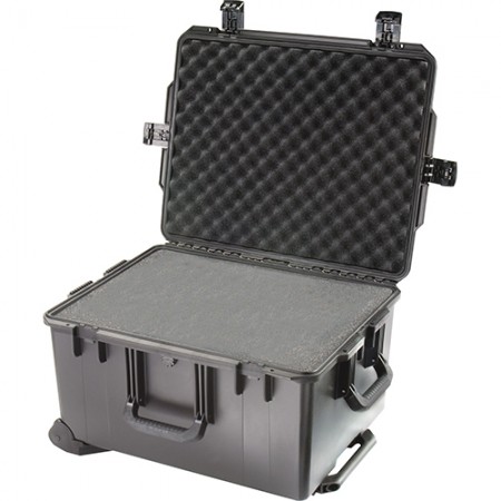 PELICAN STORM CASE/Black with foam, internal size 22x17x12.7, four press and pull latches, soft grip handles, two padlockable hasps, in-line wheels, telescoping handle, vortex valve, watertight iM2750-00001
