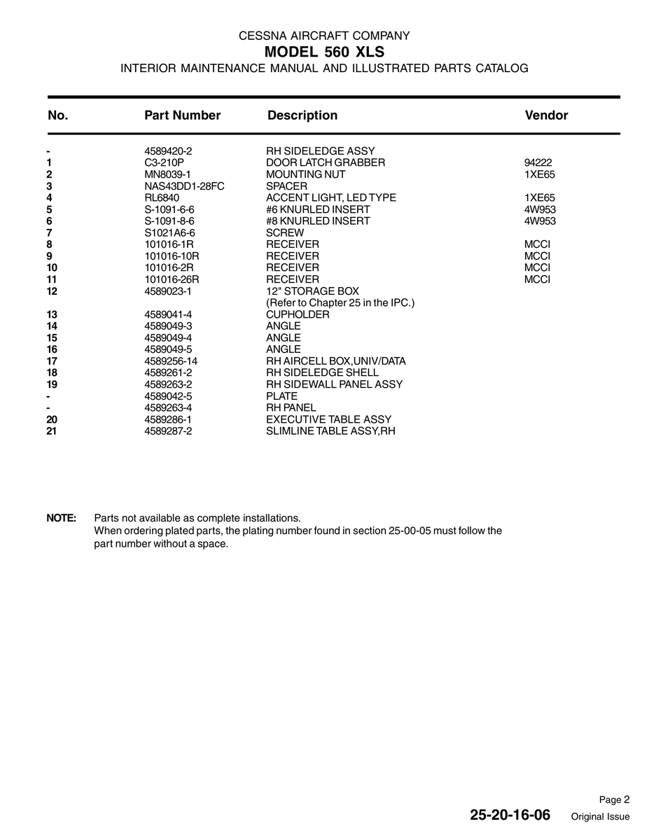 Aviation Part 101016-10R for Cessna 560XL Aircraft