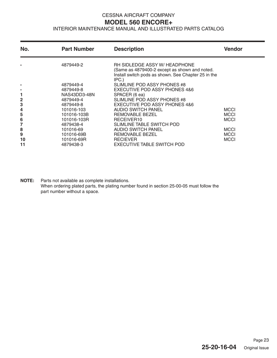Aviation Part 4879449-2 for Cessna 560XL Aircraft