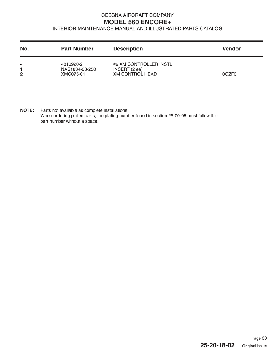 Aviation Part XMC075-01 for Cessna 560XL Aircraft
