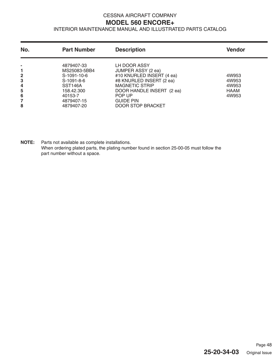 Aviation Part 40153-7 for Cessna 560XL Aircraft