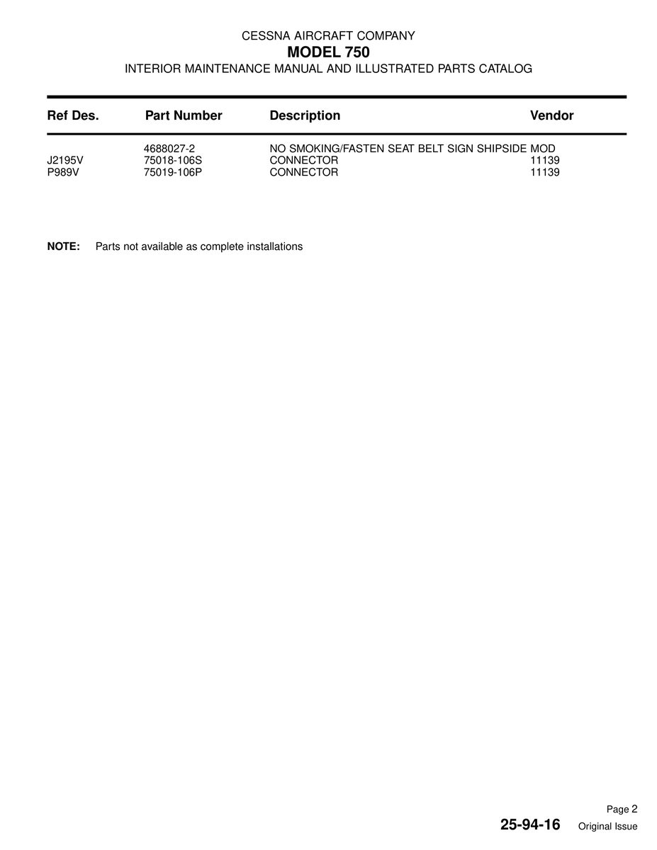 Aviation Part 75019-106P for Cessna 750 Aircraft