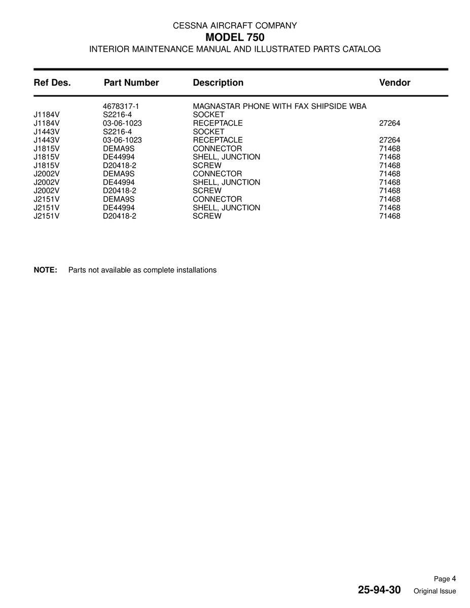 Aviation Part J1443V for Cessna 750 Aircraft