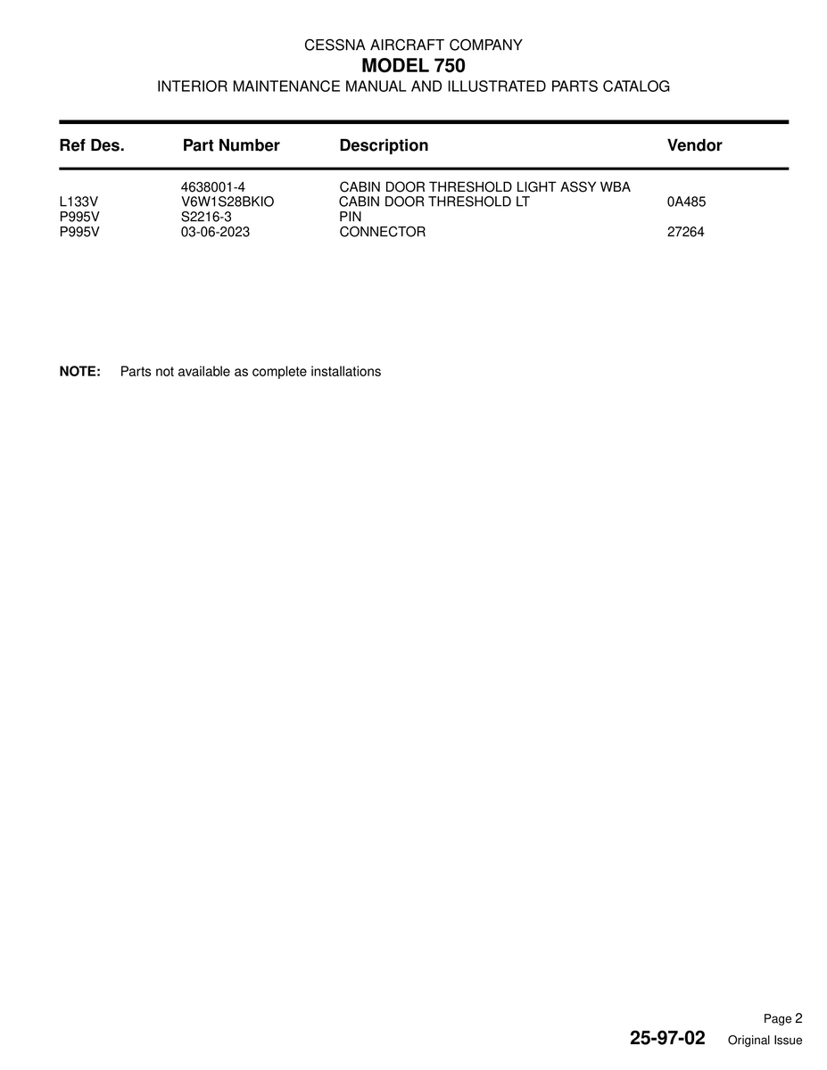 Aviation Part V6W1S28BKIO for Cessna 750 Aircraft