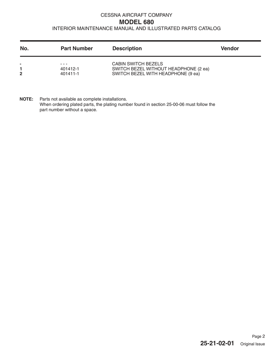 Aviation Part 401411-1 for Cessna 680 Aircraft