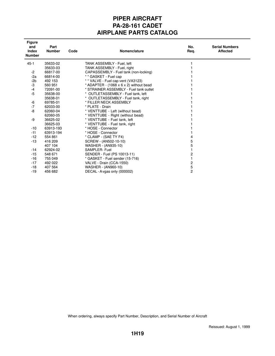 Aviation Part 72091-00 for Piper PA-28 Cherokee Aircraft