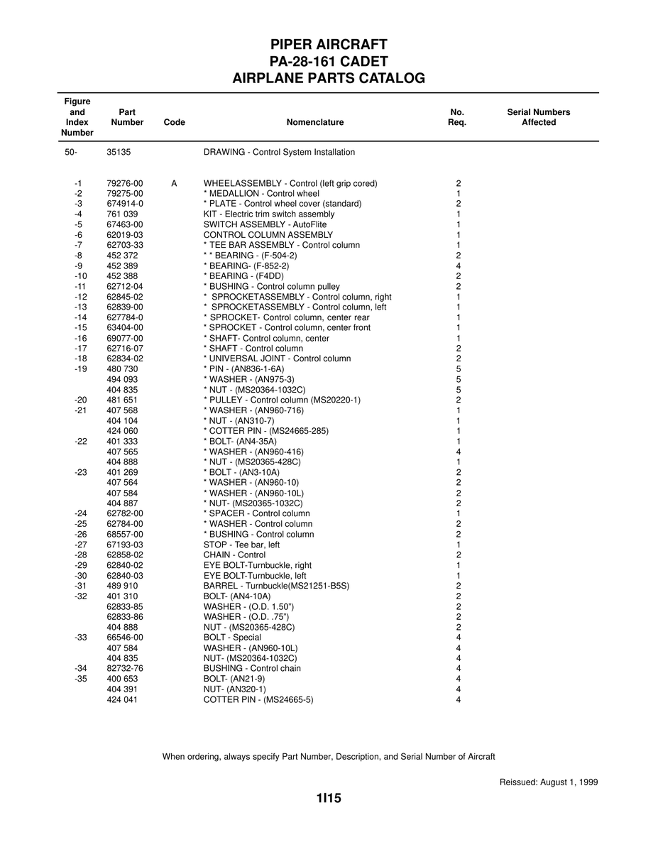 Aviation Part 62782-00 for Piper PA-28 Cherokee Aircraft