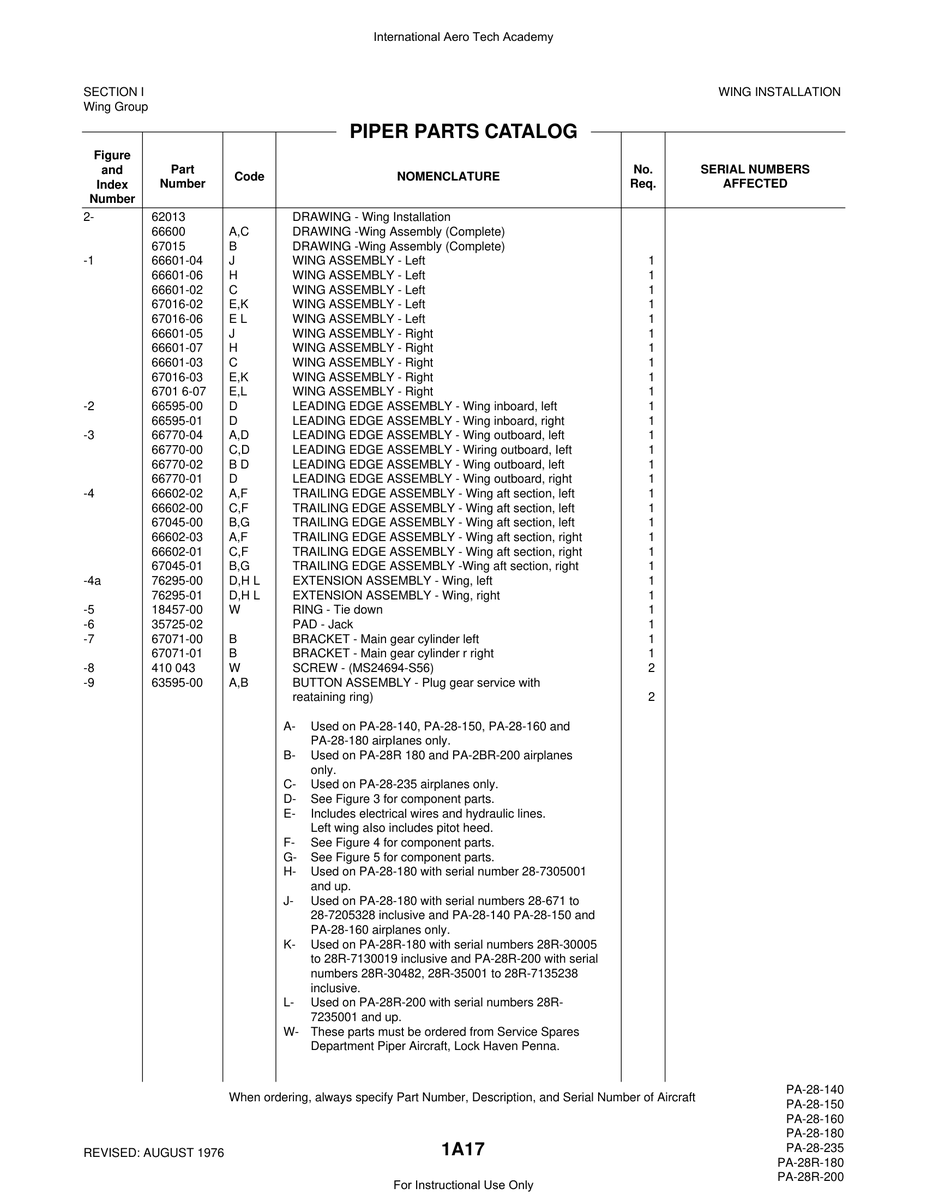 Aviation Part 66601-04 for Piper PA-28 Cherokee Aircraft