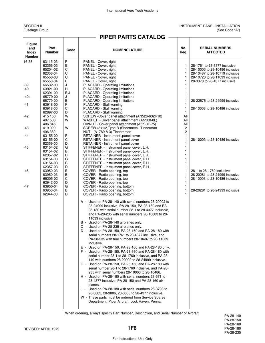 Aviation Part 62942-00 for Piper PA-28 Cherokee Aircraft