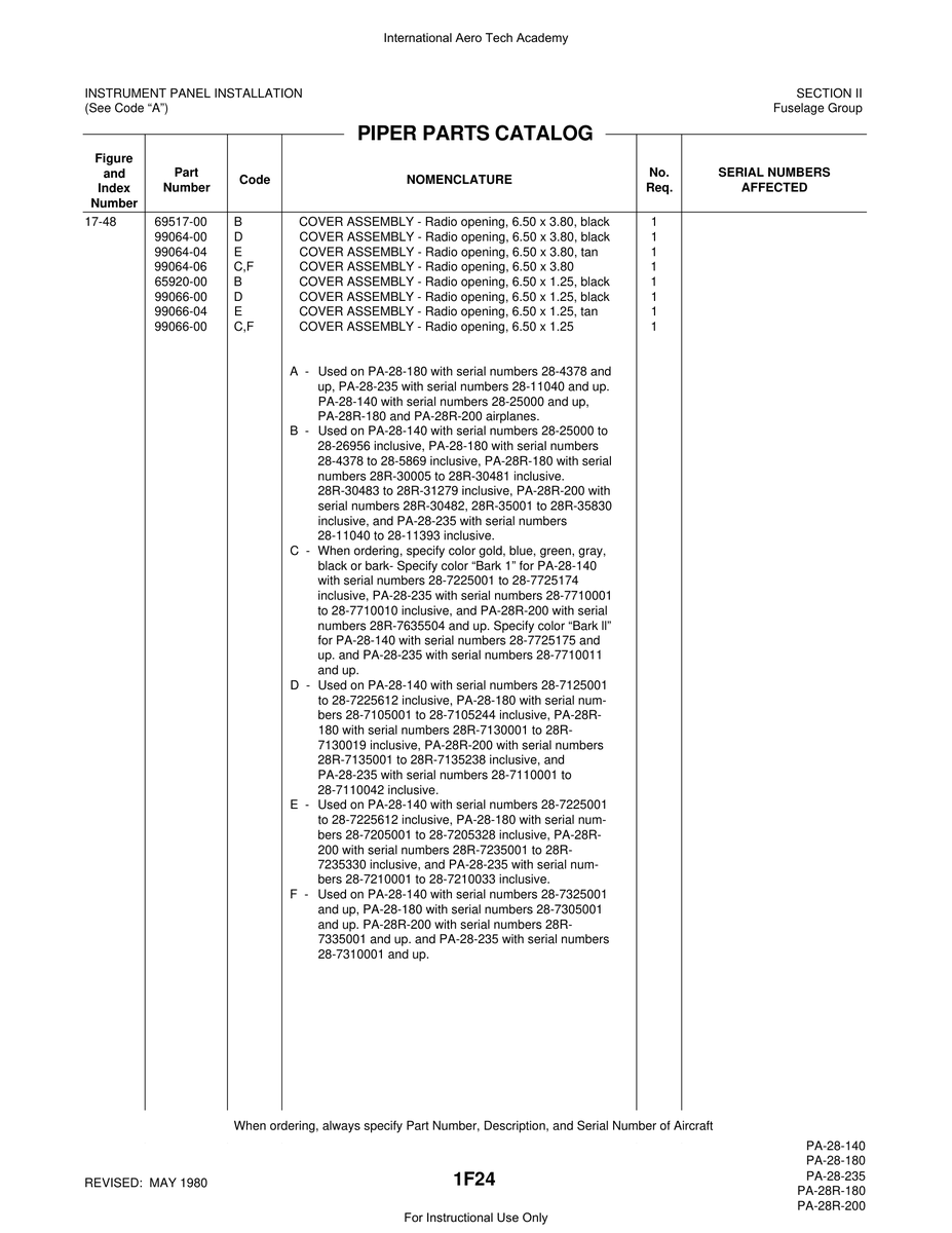 Aviation Part 65920-00 for Piper PA-28 Cherokee Aircraft