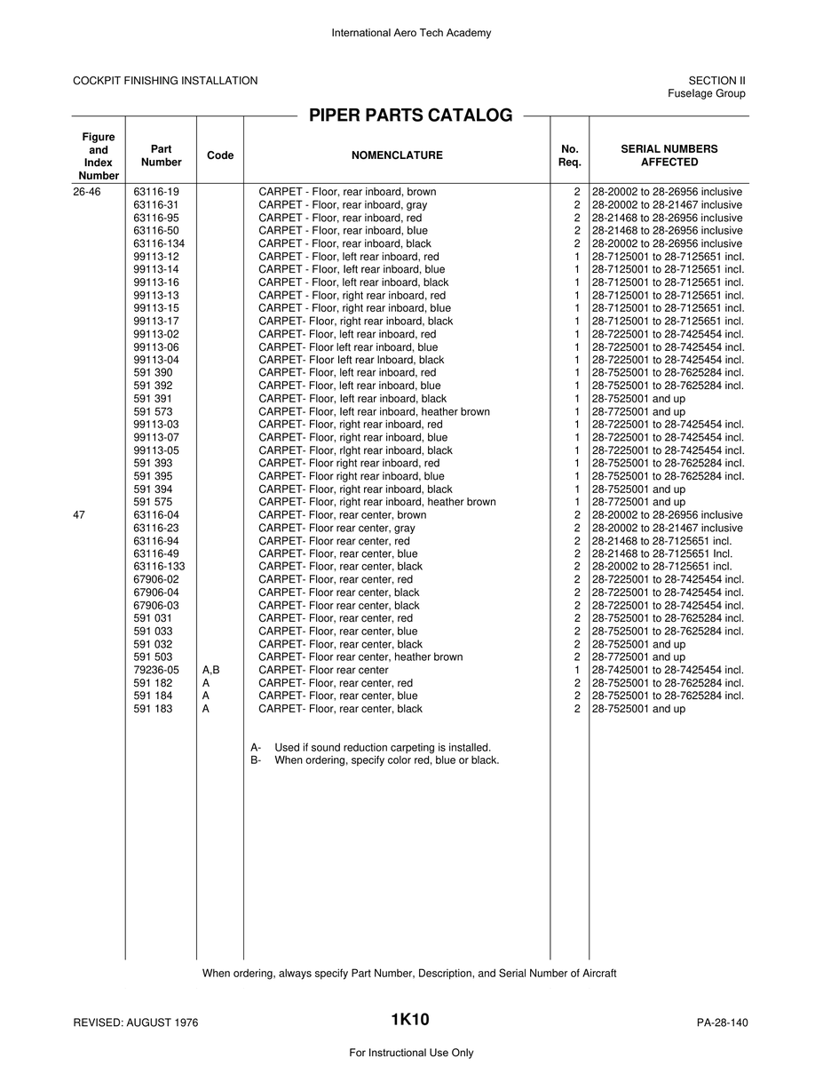 Aviation Part 99113-07 for Piper PA-28 Cherokee Aircraft