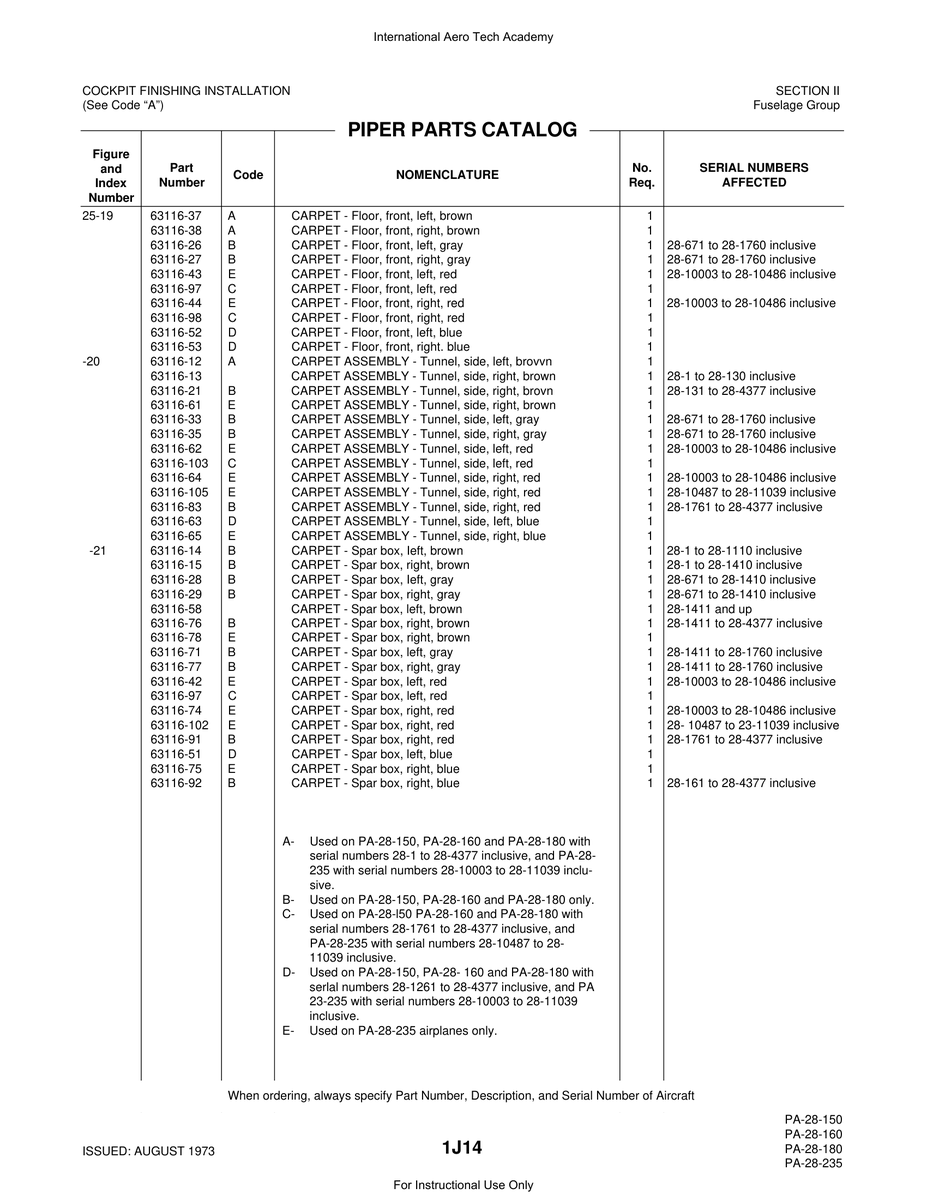 Aviation Part 63116-12 for Piper PA-28 Cherokee Aircraft