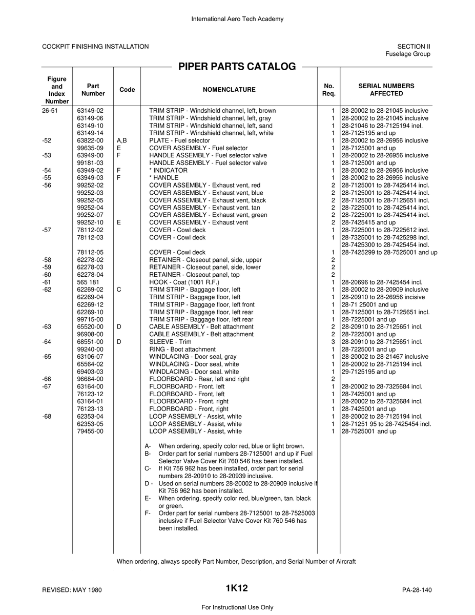 Aviation Part 63822-00 for Piper PA-28 Cherokee Aircraft