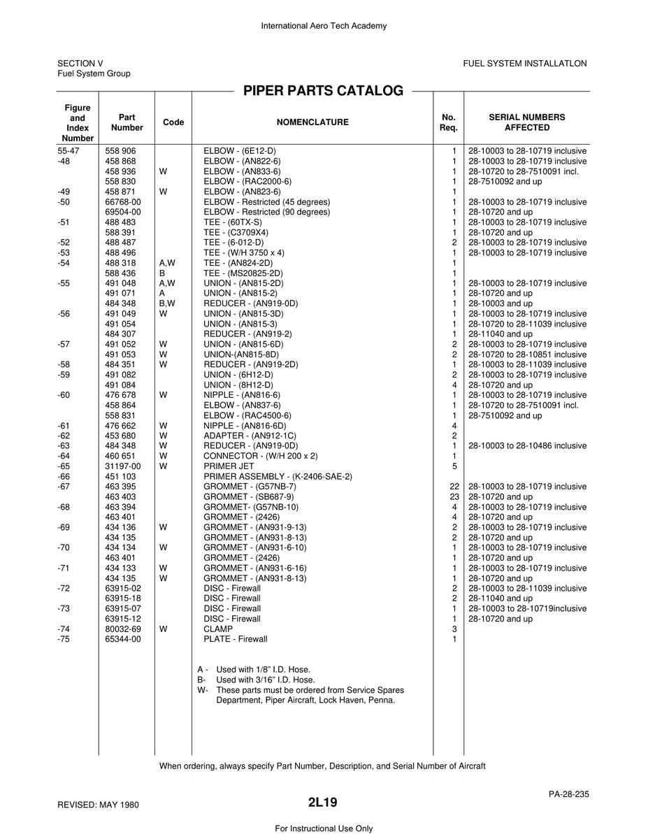 Aviation Part 69504-00 for Piper PA-28 Cherokee Aircraft