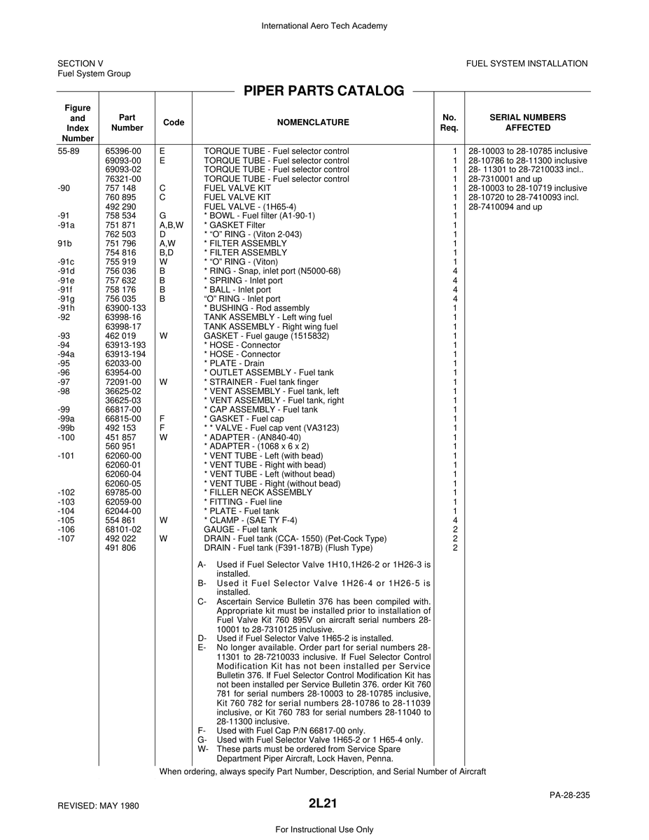 Aviation Part 69785-00 for Piper PA-28 Cherokee Aircraft