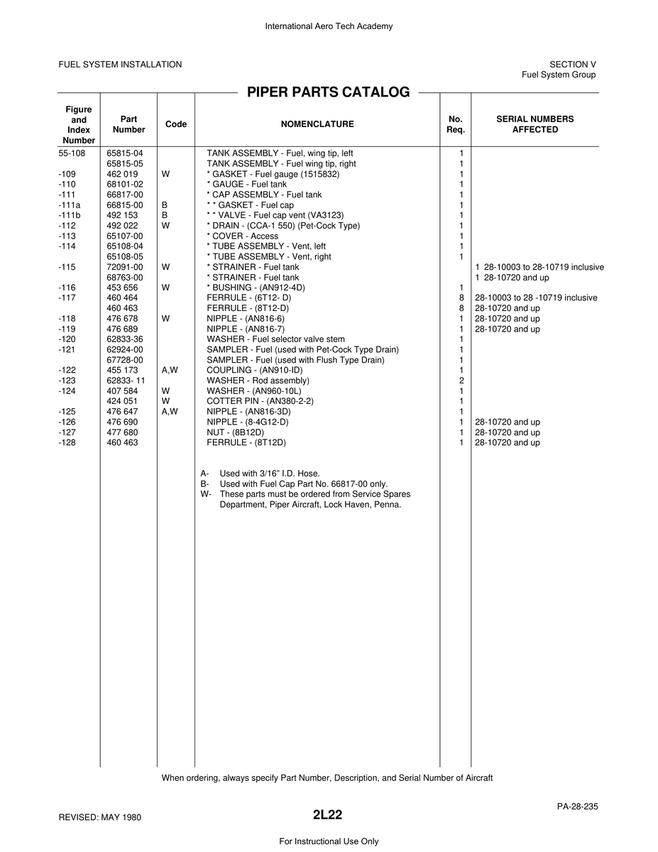 Aviation Part 65108-04 for Piper PA-28 Cherokee Aircraft