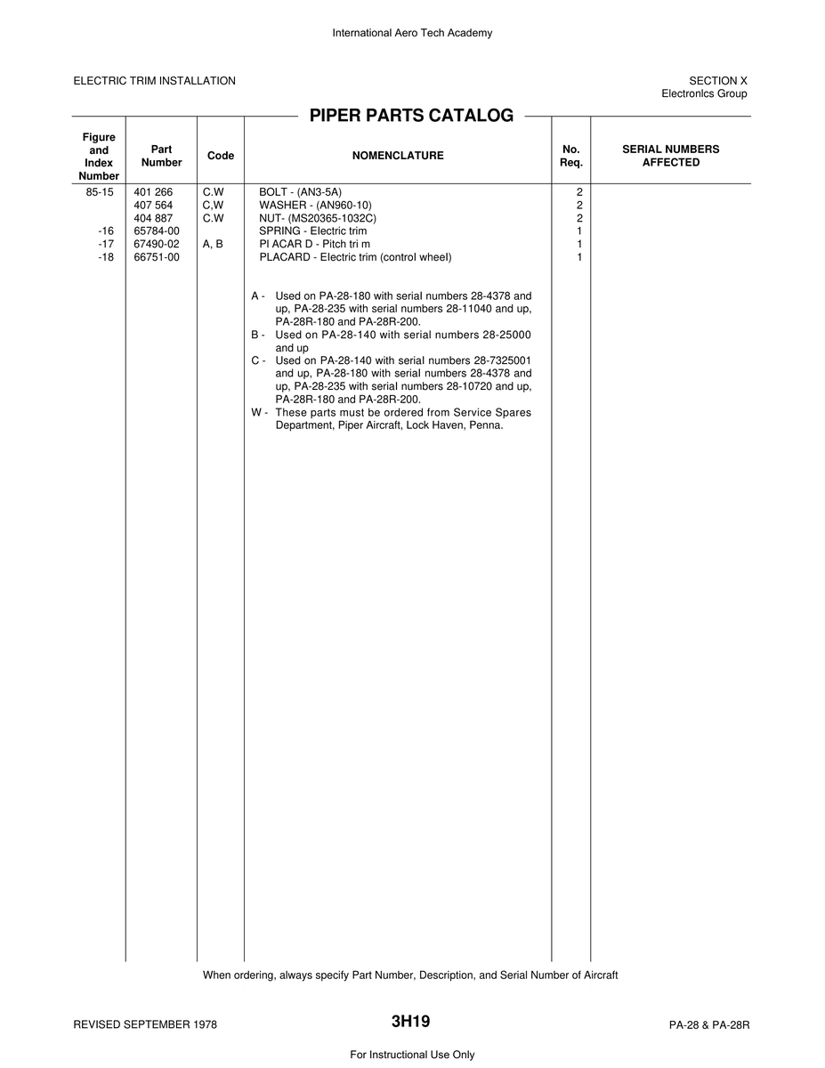 Aviation Part 66751-00 for Piper PA-28 Cherokee Aircraft