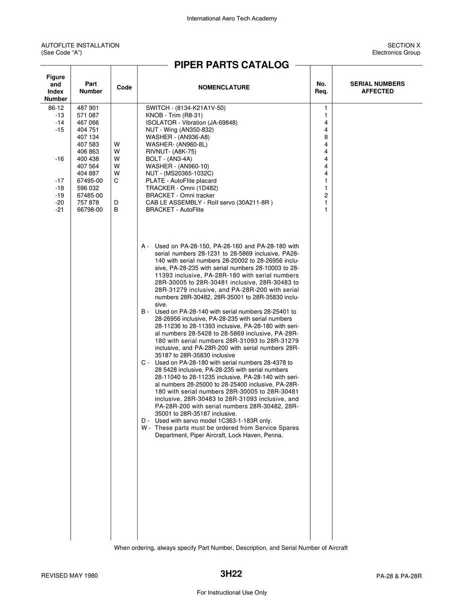 Aviation Part 67485-00 for Piper PA-28 Cherokee Aircraft