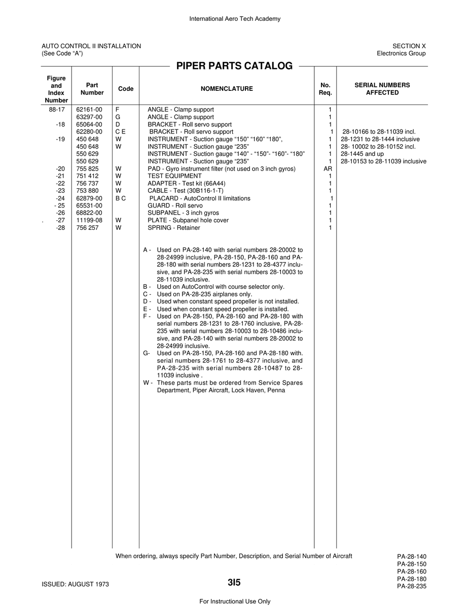 Aviation Part 62879-00 for Piper PA-28 Cherokee Aircraft