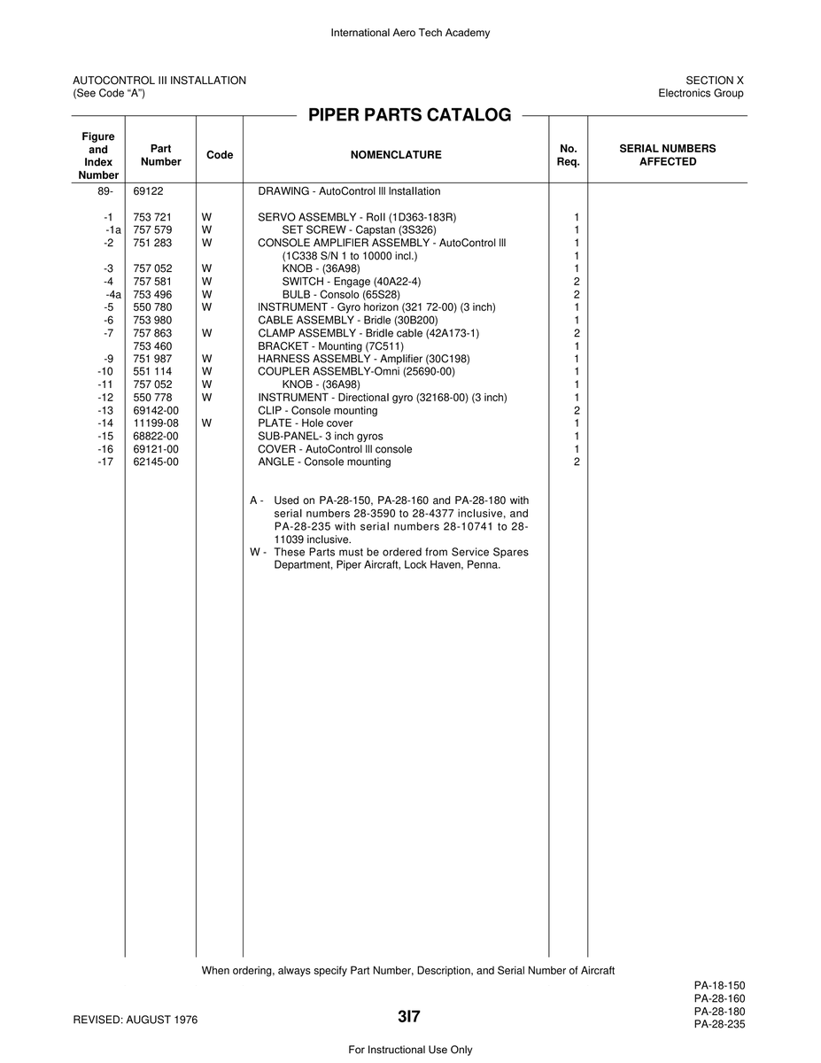 Aviation Part 69142-00 for Piper PA-28 Cherokee Aircraft