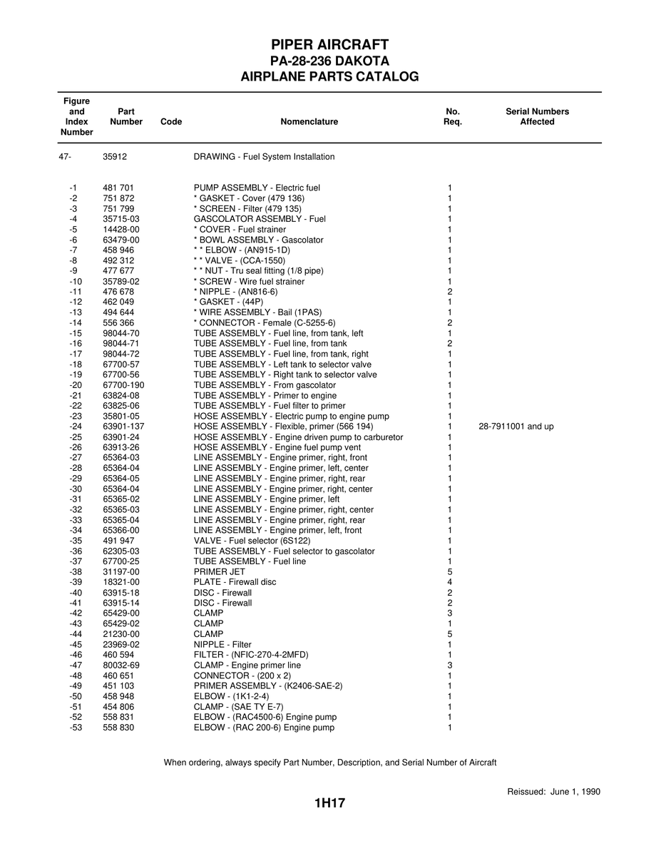 Aviation Part 65366-00 for Piper PA-28 Cherokee Aircraft