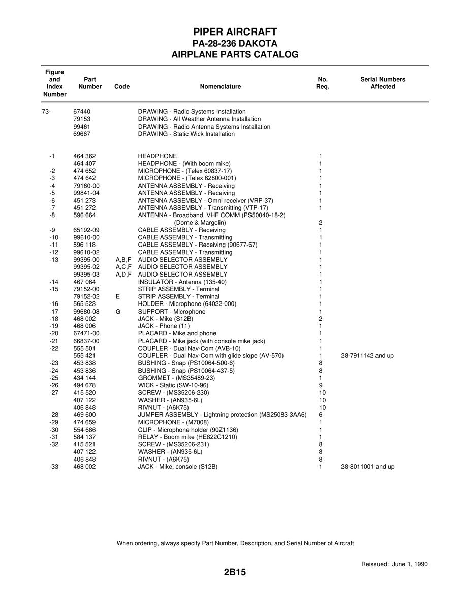 Aviation Part 99610-00 for Piper PA-28 Cherokee Aircraft