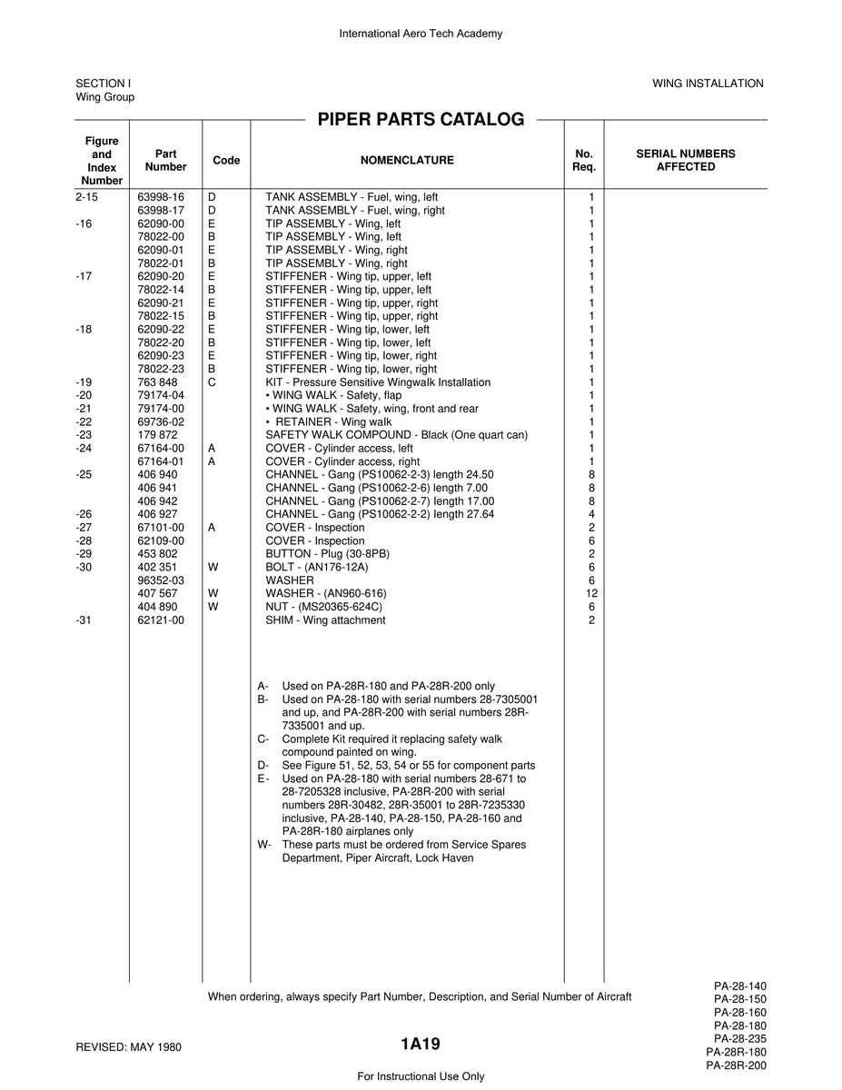 Aviation Part 62090-20 for Piper PA-28 Cherokee Aircraft