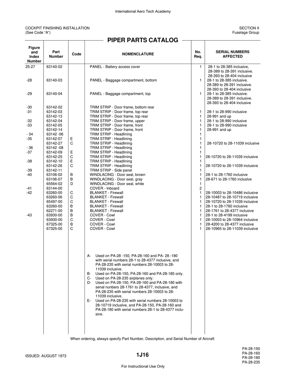Aviation Part 65564-02 for Piper PA-28 Cherokee Aircraft