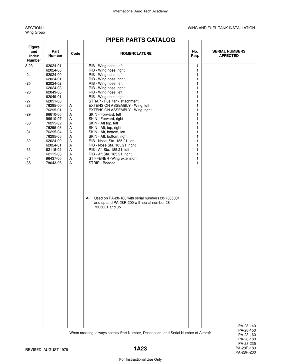 Aviation Part 76295-05 for Piper PA-28 Cherokee Aircraft