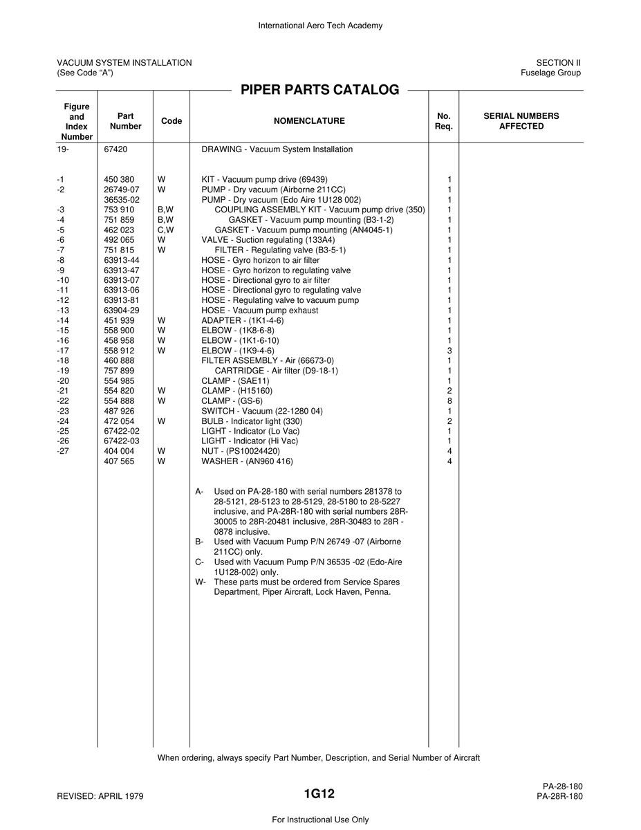 Aviation Part 67422-03 for Piper PA-28 Cherokee Aircraft