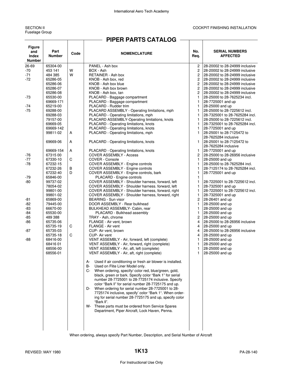 Aviation Part 67232-15 for Piper PA-28 Cherokee Aircraft