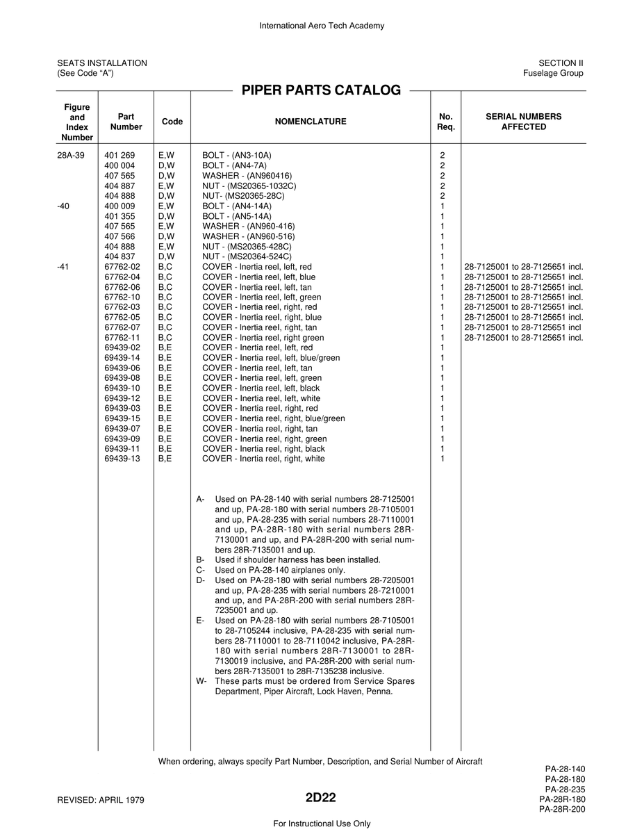 Aviation Part 69439-14 for Piper PA-28 Cherokee Aircraft