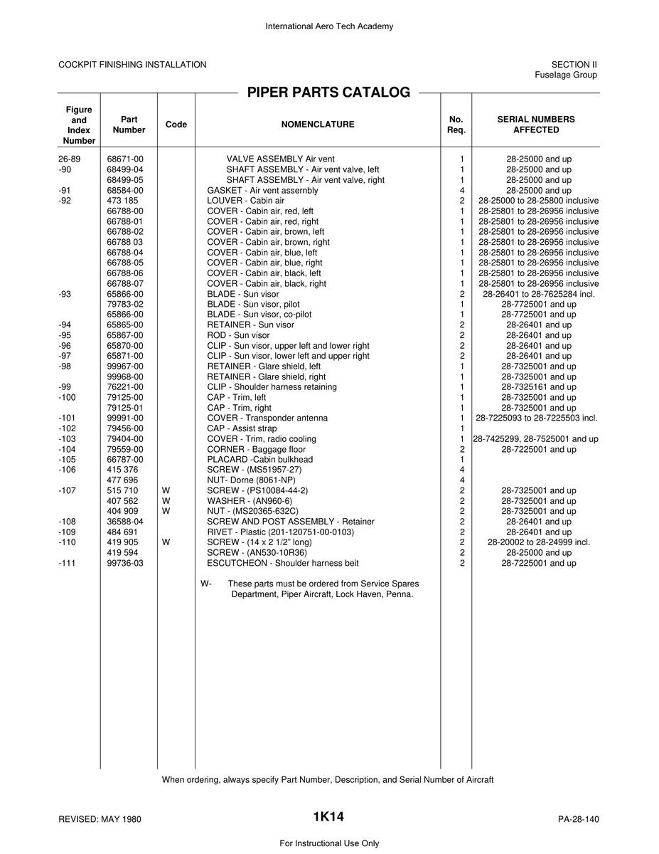 Aviation Part 66788-06 for Piper PA-28 Cherokee Aircraft